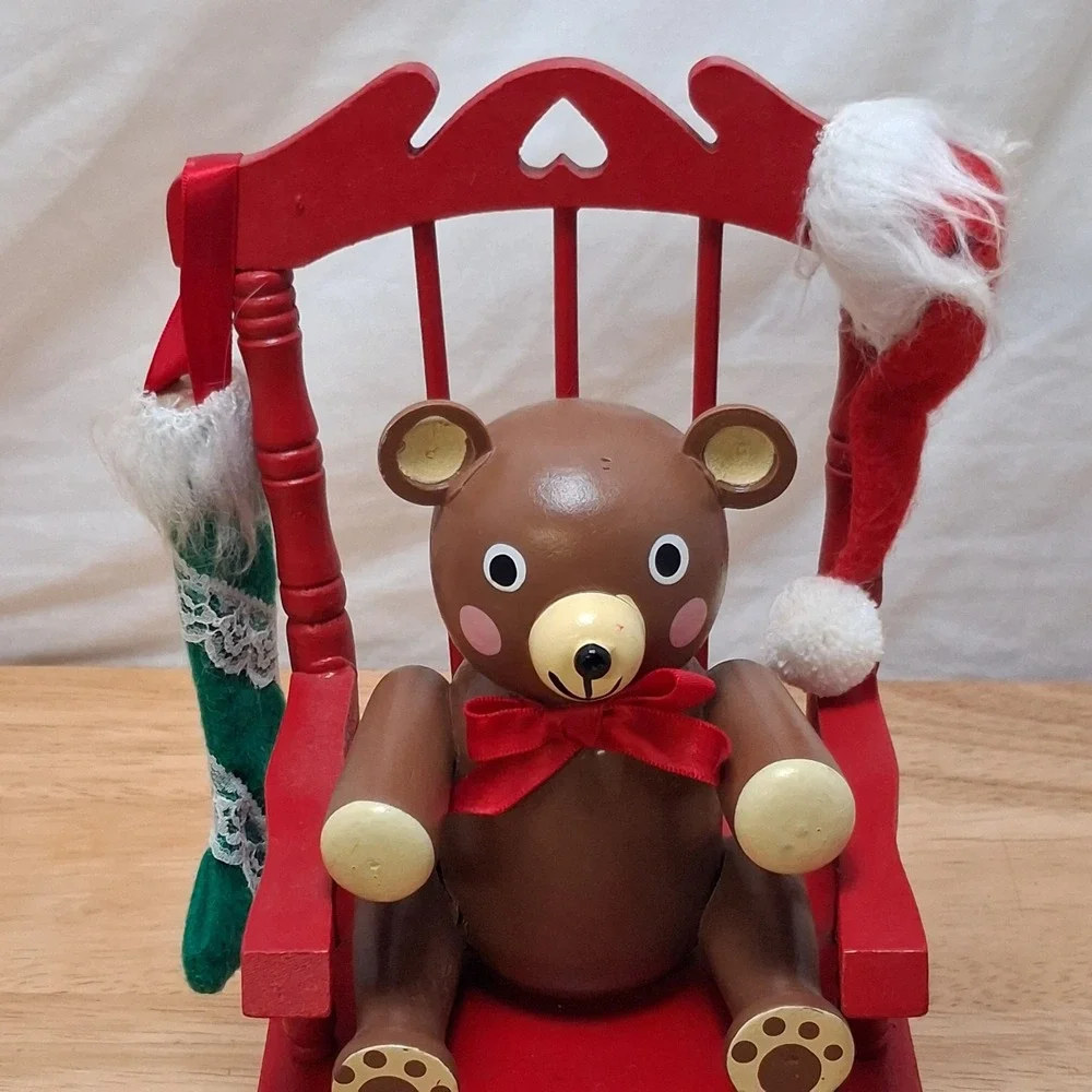Vintage Teddy Bear Rocking Chair Musical Christmas Decor Red OS Good Pre-owned